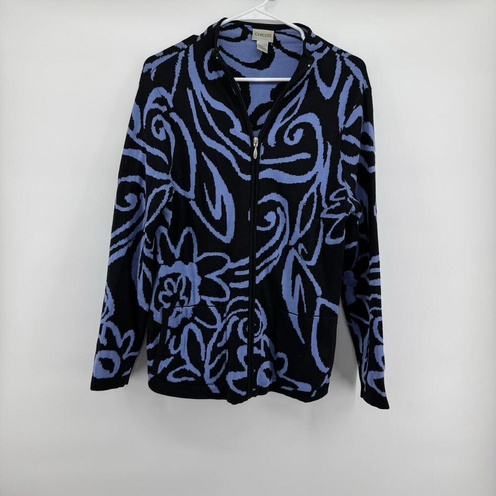 Chico's Silk Blend Full Zip Cardigan Sweater Blue Black Women's Size 2 Winter